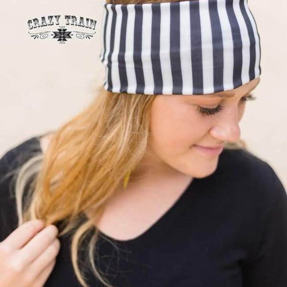 CRAZY TRAIN silky feeling black and white striped stretchy headband EUC!!